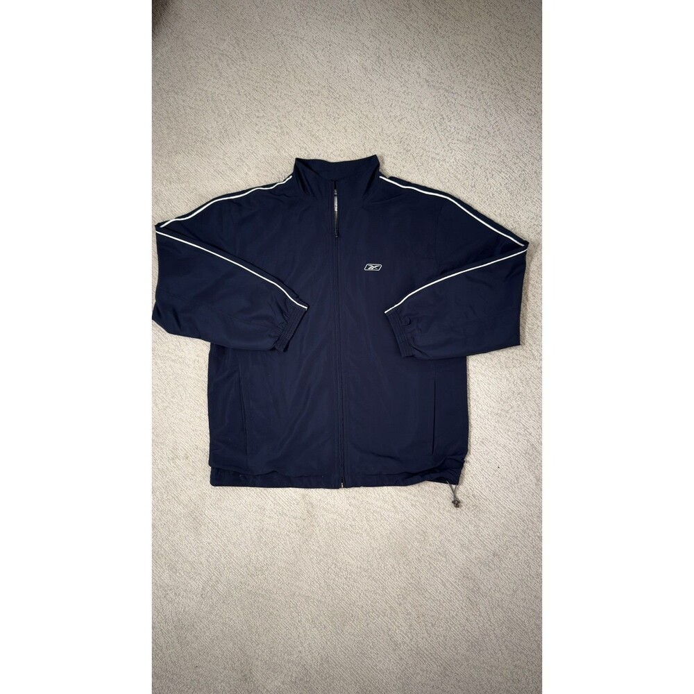 Vintage Reebok Windbreaker Jacket Men’s L Navy Blue White Piping Full Zip